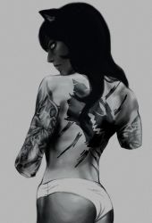 Rule 34 | 1girl, back, blake belladonna, from behind, full-body tattoo, long hair, looking back, monochrome, panties, panties only, roman imperial, rwby, solo, tattoo, topless, underwear, underwear only