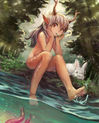 Rule 34 | 1girl, ?, air bubble, animal, antlers, barefoot, bubble, day, dutch angle, forest, full body, hands on own cheeks, hands on own face, horns, long hair, looking down, loolook, motion lines, mouth hold, nature, nude, orange eyes, original, outdoors, partially underwater shot, pointy ears, rabbit, shore, silver hair, sitting, soaking feet, solo, sound effects, splashing, sunlight, tareme, tentacles, trembling, water