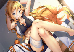 Rule 34 | 1girl, abs, arms behind head, arms up, bandages, bandaged leg, bandages, bianka durandal ataegina, blonde hair, blue eyes, blush, breasts, cleavage, commentary request, crop top, dutch angle, hair between eyes, hair ornament, hair tie in mouth, hairclip, high collar, honkai (series), honkai impact 3rd, indoors, large breasts, crossed legs, long hair, midriff, mouth hold, ribbon, ribbon in mouth, short shorts, shorts, signature, smile, solo, sportswear, tying hair, wristband, xfate