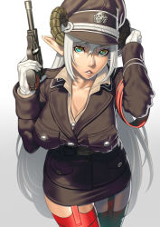 Rule 34 | 1girl, armband, breasts, cleavage, collarbone, cowboy shot, demon girl, demon horns, female focus, garter straps, gloves, green eyes, gun, handgun, hat, horns, jacket, large breasts, long hair, long sleeves, looking at viewer, military, military hat, military uniform, miniskirt, nazi, ogino (oginogino), original, parted lips, peaked cap, pocket, pointy ears, red thighhighs, shirt, silver hair, skirt, solo, thighhighs, uniform, very long hair, walther, weapon, white gloves, zettai ryouiki