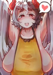Rule 34 | 1girl, absurdres, apron, armpits, arms up, black hair, blush, breasts, bright pupils, collarbone, commentary request, cow horns, daruia (sabitare), detached sleeves, hanging breasts, heart, highres, horns, huge breasts, incoming hug, looking at viewer, multicolored hair, open mouth, red eyes, red horns, short hair, sideboob, smile, solo, spoken heart, teeth, thick eyebrows, touhou, two-tone hair, upper body, upper teeth only, ushizaki urumi, wavy hair, white background, white hair, white pupils, yellow apron