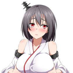 Rule 34 | 10s, 1girl, bare shoulders, black hair, blush, grabbing another&#039;s breast, breasts, detached sleeves, female focus, grabbing, hair ornament, japanese clothes, kantai collection, large breasts, looking away, nontraditional miko, red eyes, shinsono shiroko, short hair, solo, yamashiro (kancolle)