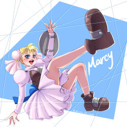 Rule 34 | 1girl, armor, artist name, back bow, blonde hair, blue background, blue bow, blue eyes, blush, boots, border, bow, bracer, breastplate, breasts, brown footwear, bun cover, cat&#039;s cradle, character name, chrono cross, dated, double bun, dress, dress bow, full body, hair bun, highres, juliet sleeves, leather, leather armor, leather boots, legs, long sleeves, looking at viewer, marcy (chrono cross), medium breasts, open mouth, pink dress, pleated dress, puffy sleeves, shikiwo, solo, white border