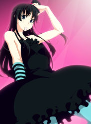 Rule 34 | 00s, 1girl, akiyama mio, bare shoulders, black hair, blue eyes, blue pantyhose, blunt bangs, don&#039;t say &quot;lazy&quot;, dress, elbow gloves, facepaint, gloves, gothic lolita, hat, hat tip, hime cut, k-on!, lolita fashion, long hair, mini hat, mini top hat, mouth hold, nagami yuu, pantyhose, plectrum, solo, striped, top hat