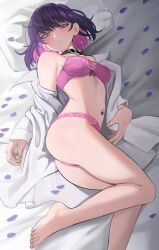 Rule 34 | 1girl, ass, barefoot, bed sheet, belt collar, black collar, blush, bra, breasts, collar, colored inner hair, come hither, dress shirt, feet, fingernails, foot out of frame, from above, hair between eyes, half-closed eyes, highres, jourd4n, legs, long sleeves, looking at viewer, lying, medium breasts, minori yume (jourd4n), multicolored hair, navel, navel piercing, no pants, off shoulder, on side, open clothes, open shirt, original, panties, parted lips, petals, piercing, pillow, pink bra, pink eyes, pink hair, pink panties, purple hair, shirt, short hair, solo, teeth, thighs, toenails, toes, two-tone hair, underwear, white shirt