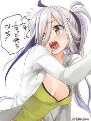 Rule 34 | 1girl, ahoge, asashimo (kancolle), breasts, commentary request, dated, dress shirt, grey eyes, grey hair, highres, kantai collection, long hair, long sleeves, open clothes, open shirt, ponytail, sharp teeth, shirt, simple background, small breasts, solo, takase muh, teeth, translated, twitter username, white background, white shirt