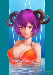 Rule 34 | 10s, 1girl, 2015, absurdres, artist name, breasts, cleavage, collarbone, dated, covered erect nipples, highres, horns, in water, large breasts, looking at viewer, orange eyes, original, parted lips, partially submerged, purple hair, reflection, reisun001, short hair, signature, sketch, smile, solo, strap gap, upper body, water