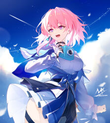 Rule 34 | 1girl, :d, artist name, black choker, black gloves, blue eyes, blue skirt, blue sky, breasts, camera, choker, cloud, commentary, day, gloves, hair between eyes, highres, holding, holding camera, honkai: star rail, honkai (series), long sleeves, looking to the side, march 7th (honkai: star rail), medium breasts, open mouth, outdoors, partially fingerless gloves, pink hair, pleated skirt, puffy long sleeves, puffy sleeves, shimmer, shirt, signature, single glove, skirt, sky, sleeves past wrists, smile, solo, symbol-only commentary, thigh strap, white shirt