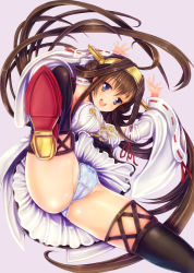Rule 34 | 10s, 1girl, :d, black thighhighs, blue eyes, blush, breasts, brown hair, cameltoe, detached sleeves, from below, hakama, hakama short skirt, hakama skirt, headgear, japanese clothes, kantai collection, kongou (kancolle), long hair, long sleeves, looking down, nontraditional miko, open mouth, panties, partially visible vulva, red skirt, round teeth, skirt, smile, solo, spread legs, teeth, teruru, thighhighs, underwear, upskirt, very long hair, wide sleeves