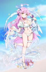 Rule 34 | 1girl, angel wings, bikini, blue archive, blush, breasts, cleavage, crescent, crescent pin, feathered wings, flower, full body, grin, groin, hair bun, hair flower, hair ornament, halo, high heels, large breasts, long hair, mao xiaozha (rumiechen), mika (blue archive), navel, pink hair, pink halo, purple flower, single side bun, smile, solo, swimsuit, white bikini, white wings, wings, yellow eyes