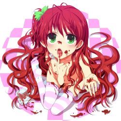 Rule 34 | 1girl, bad id, bad pixiv id, blush, bow, checkered floor, floor, food, from above, green eyes, hair bow, hiiro (kikokico), jam, jar, kiko, licking, long hair, looking at viewer, nude, original, red hair, sitting, skindentation, solo, spork, striped clothes, striped thighhighs, thighhighs, very long hair, wariza