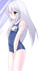 Rule 34 | 1girl, name tag, one-piece swimsuit, school swimsuit, solo, swimsuit, utamaro, white hair