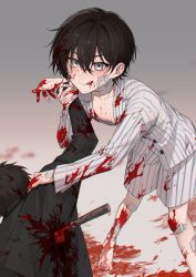 Rule 34 | 2boys, absurdres, age difference, bandages, blood, blood on arm, blood on chest, blood on clothes, blood on face, blood on hands, blood on leg, blood splatter, blood stain, bloody knife, bloody weapon, commentary request, corpse, cuts, death, guro, highres, injury, knife, licking lips, looking at viewer, male focus, multiple boys, nanin, onii-shota, original, tongue, tongue out, weapon