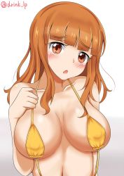 Rule 34 | 1girl, blunt bangs, blush, breasts, commentary, frown, fuyunoyukino, girls und panzer, hand on own chest, head tilt, highres, large breasts, long hair, looking at viewer, one-hour drawing challenge, one-piece swimsuit, open mouth, orange eyes, orange hair, slingshot swimsuit, solo, swimsuit, takebe saori, twitter username, upper body, white background, yellow one-piece swimsuit, yellow slingshot swimsuit