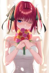 Rule 34 | 1girl, absurdres, alternate costume, backlighting, bare shoulders, black ribbon, blue eyes, blunt bangs, blush, bouquet, breasts, butterfly hair ornament, commentary, covering own mouth, dress, eyelashes, falling petals, flower, go-toubun no hanayome, hair ornament, hair ribbon, hands up, highres, holding, holding bouquet, jewelry, kukeylove, large breasts, looking at viewer, medium hair, nakano nino, one eye closed, petals, pink flower, pink rose, red flower, red hair, red rose, ribbon, ring, rose, shy, simple background, solo, straight hair, strapless, strapless dress, two side up, upper body, wedding dress, wedding ring, white background, white dress, yellow flower, yellow rose