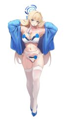 Rule 34 | 1girl, absurdres, adjusting hair, alternate costume, armpits, arms up, bare shoulders, between breasts, blonde hair, blue archive, blue eyes, blue flower, blue footwear, blue halo, blue jacket, blue rose, blush, bra, breasts, cleavage, closed mouth, floral print, flower, full body, garter belt, garter straps, gluteal fold, hair intakes, halo, high heels, highres, id card, jacket, large breasts, lingerie, long hair, long sleeves, looking at viewer, lucifer liyen, midriff, mouth hold, navel, open clothes, open jacket, panties, presenting armpit, rose, rose print, shiny skin, simple background, skindentation, solo, standing, stomach, thighhighs, toki (blue archive), underwear, very long hair, white background, white bra, white panties, white thighhighs
