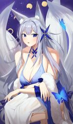 Rule 34 | 1girl, absurdres, animal ear fluff, animal ears, azur lane, bare shoulders, blue butterfly, blue collar, blue dress, breasts, bug, butterfly, cleavage, collar, dress, evening gown, feather boa, fox ears, grey hair, grey tail, halter dress, halterneck, highres, huge breasts, insect, kitsune, kyuubi, large breasts, large tail, long hair, looking at viewer, mm (mhm2592), mm (mhm2592), moon phases, multiple tails, official alternate costume, purple eyes, sagging breasts, shinano (azur lane), shinano (dreams of the hazy moon) (azur lane), sleeveless, sleeveless dress, solo, tail, very long hair, wrist flower