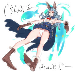 Rule 34 | 1girl, animal ears, blue hair, boots, breasts, brown eyes, brown gloves, cape, character request, from below, full body, gloves, knee boots, long hair, panties, pigeon-toed, sash, sideboob, simple background, solo, tetsu (kimuchi), translation request, underwear, upskirt, white panties