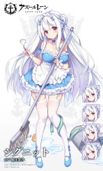 Rule 34 | 1girl, alternate costume, apron, azur lane, blush, breasts, bucket, cleavage, cygnet (an offer to be maid) (azur lane), cygnet (azur lane), detached collar, double bun, dress, duster, expressionless, expressions, garter belt, hair bun, hecha (01964237), hose, large breasts, maid apron, mop, red eyes, skindentation, solo, thighhighs, white hair, white thighhighs