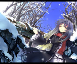 Rule 34 | 1girl, bad id, bad pixiv id, dress, female focus, forest, gradient hair, hijiri byakuren, letterboxed, long hair, multicolored hair, nature, nejime, outdoors, plant, scarf, sky, snow, solo, touhou, tree, winter, yellow eyes