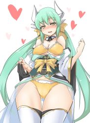 Rule 34 | 1girl, aqua hair, bad id, bad twitter id, bare shoulders, bikini, blush, bow, breasts, cleavage, fate/grand order, fate (series), from below, groin, hair bow, heart, horns, japanese clothes, kiyohime (fate), kiyohime (fate/grand order), kiyohime (swimsuit lancer) (fate), kiyohime (swimsuit lancer) (first ascension) (fate), long hair, looking at viewer, momio, ponytail, ribbon, smile, solo, swimsuit, thigh gap, thighhighs, underboob, white thighhighs, wide hips, yellow eyes
