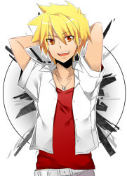 Rule 34 | 1boy, arm behind head, belt, blonde hair, collarbone, collared shirt, fang, hand on own head, happy, jewelry, looking at viewer, male focus, mi (liki1020), misao, necklace, open mouth, orange eyes, outline, shadow, shirt, short hair, short sleeves, simple background, smile, solo, spiked hair, teeth, tohma (misao), white background, white outline