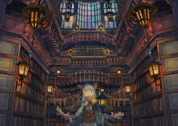 Rule 34 | 1girl, :o, animal ears, animal hat, arms behind back, blue eyes, blue hair, book, bookshelf, braid, capelet, fantasy, hat, indoors, lantern, library, long hair, looking at viewer, matching hair/eyes, open mouth, original, pouch, scenery, solo, stained glass, twin braids, window, wu ba pin