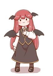Rule 34 | 1girl, bat wings, black footwear, black legwear, black skirt, black vest, closed mouth, collared shirt, full body, hand on own chest, head wings, juliet sleeves, koakuma, long hair, long sleeves, looking at viewer, multiple wings, poronegi, puffy sleeves, red hair, shirt, simple background, skirt, smile, solid oval eyes, solo, standing, touhou, v-shaped eyebrows, vest, white background, white shirt, wings