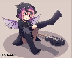 Rule 34 | 1girl, alternate costume, bird wings, black hat, black thighhighs, choujuu gigaku, closed mouth, commentary, commission, electric guitar, english commentary, eyewear on head, ferdy&#039;s lab, full body, guitar, hat, highres, instrument, mob cap, mystia lorelei, pink eyes, pink hair, short hair, sitting, smile, solo, sunglasses, thighhighs, touhou, wings