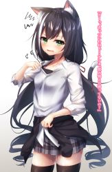 Rule 34 | 1girl, animal ear fluff, animal ears, bad id, bad pixiv id, black camisole, black cardigan, black hair, black thighhighs, blush, camisole, cardigan, cardigan around waist, cat ears, cat girl, cat tail, clothes around waist, collarbone, collared shirt, commentary request, dress shirt, fang, gradient background, green eyes, grey background, grey skirt, hair between eyes, hair ribbon, highres, karyl (princess connect!), long hair, looking at viewer, low twintails, multicolored hair, open mouth, plaid, plaid skirt, pleated skirt, princess connect!, ramchi, red ribbon, ribbon, shirt, skindentation, skirt, solo, streaked hair, sweat, tail, tail raised, thighhighs, translation request, twintails, very long hair, white background, white hair, white shirt