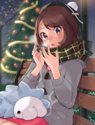Rule 34 | 1girl, bench, blush, bob cut, breath, brown eyes, brown hair, cable knit, cardigan, christmas, christmas tree, cold, commentary request, creatures (company), dress, game freak, gen 8 pokemon, gloria (pokemon), green headwear, green scarf, grey cardigan, hands up, hat, highres, looking at viewer, night, nintendo, on lap, open mouth, outdoors, pink dress, plaid, plaid scarf, pokemon, pokemon (creature), pokemon on lap, pokemon swsh, ririmon, scarf, short hair, sitting, sky, snom, snowing, tam o&#039; shanter, tongue
