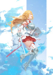 Rule 34 | 1girl, armor, armored boots, asuna (sao), baraba baba, bare shoulders, blonde hair, boots, braid, breastplate, brown eyes, cloud, day, detached sleeves, flying sweatdrops, french braid, from side, full body, highres, holding, holding sword, holding weapon, long hair, rapier, shield, skirt, solo, sword, sword art online, thighhighs, thighs, weapon