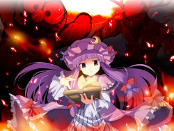 Rule 34 | 1girl, book, capelet, crescent, dress, elmo, female focus, fujy, hair ribbon, hat, highres, jitome, open book, patchouli knowledge, pink dress, purple eyes, purple hair, red demon, ribbon, sesame street, sparks, striped clothes, striped dress, touhou, wind