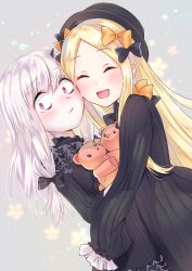 Rule 34 | 2girls, :d, ^ ^, abigail williams (fate), black bow, black dress, black hat, blonde hair, blue eyes, blush, bow, bug, butterfly, cheek-to-cheek, closed eyes, closed mouth, commentary request, dress, dutch angle, fate/grand order, fate (series), forehead, hair bow, hat, heads together, highres, hiyoko biimu, horns, hug, hugging object, insect, lavinia whateley (fate), long hair, long sleeves, multiple girls, open mouth, orange bow, parted bangs, polka dot, polka dot bow, purple eyes, silver hair, single horn, sleeves past fingers, sleeves past wrists, smile, stuffed animal, stuffed toy, teddy bear, very long hair