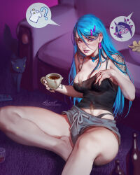 Rule 34 | 2girls, ?, accident, aleriia v, animal, barefoot, black cat, black nails, blue hair, blush, bottle, bowl, breasts, casual, cat, chips (food), choker, commentary, controller, couch, cup, demon horns, earrings, embarrassed, english commentary, eyebrow piercing, feather earrings, feathers, food, glass, hair ornament, hairpin, heart, heart choker, highres, holding, holding cup, horns, infinity symbol, jewelry, lilim (aleriia v), long hair, medium breasts, mug, multiple girls, original, parted lips, piercing, pointy ears, remote control, shirt, shoulder tattoo, sideways glance, speech bubble, spill, spoken character, tattoo, tea, thighs, violett (aleriia v)