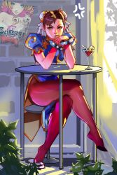 Rule 34 | 1girl, anger vein, bracelet, brown eyes, brown hair, bun cover, cafe, cameo, capcom, catherine (game), chair, china dress, chinese clothes, chun-li, chunlieater, cocktail glass, crossed legs, cup, double bun, dress, drink, drinking glass, earrings, feet, head rest, highres, jewelry, legs, no shoes, pantyhose, pelvic curtain, poster (object), see-through, see-through legwear, shoes, short hair, single shoe, sitting, slippers, solo, spiked bracelet, spikes, street fighter, table, thighs