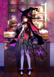 Rule 34 | 1girl, black dress, black footwear, black hair, black hat, blunt bangs, blunt ends, bow, cake, candy, colored inner hair, commentary, dress, english commentary, flats, food, fuzichoco, halloween, halloween costume, hat, hat bow, highres, holding, holding candy, holding food, jack-o&#039;-lantern, lollipop, long sleeves, looking at viewer, medium dress, multicolored hair, original, pink eyes, pink hair, pleated dress, sidelocks, solo, standing, straight hair, witch hat