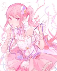 Rule 34 | 1other, akiyama mizuki, androgynous, back bow, bow, bright pupils, detached sleeves, dress, ebisumori, hands up, heart, heart of string, highres, holding, holding ribbon, light blush, long hair, looking at viewer, official alternate costume, other focus, parted lips, pink bow, pink eyes, pink hair, pink ribbon, pink theme, project sekai, puffy detached sleeves, puffy short sleeves, puffy sleeves, purple bow, purple ribbon, ribbon, secret distance (project sekai), short sleeves, side ponytail, sidelocks, sleeveless, sleeveless dress, solo, wavy hair, white pupils