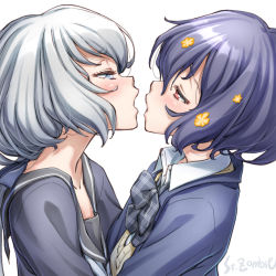 Rule 34 | 2girls, after kiss, artist name, black sailor collar, blue eyes, blue hair, eye contact, konno junko, long hair, looking at another, low twintails, mizuno ai, multiple girls, open mouth, red eyes, sailor collar, saliva, saliva trail, school uniform, short hair, simple background, studiozombie, twintails, upper body, white background, yuri, zombie land saga