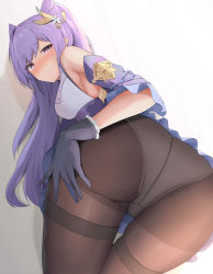 Rule 34 | 1girl, ass, bare shoulders, bent over, black gloves, blush, breasts, closed mouth, cone hair bun, crotch seam, detached sleeves, embarrassed, from behind, frown, genshin impact, gloves, hair bun, hair ears, hair ornament, hand on own ass, highres, houraku, keqing (genshin impact), long hair, looking at viewer, looking back, medium breasts, nose blush, panties, panties under pantyhose, pantyhose, pink eyes, purple hair, sidelocks, simple background, solo, standing, thighband pantyhose, underwear, white background, white panties
