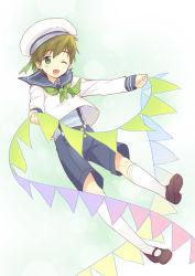 Rule 34 | 10s, 1boy, aged down, blush, brown hair, child, free!, full body, green eyes, hat, kyoto animation, male focus, mo (nmnme), one eye closed, open mouth, sailor, sailor hat, short hair, shorts, smile, socks, solo, suspenders, tachibana makoto, white socks, wink