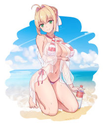 Rule 34 | 1girl, ahoge, arm under breasts, babydoll, bare legs, bare shoulders, barefoot, bikini, blue sky, bottle, breasts, closed mouth, collarbone, contrail, criss-cross halter, day, english text, fate/grand order, fate (series), feet, full body, green eyes, hair bun, hair intakes, halterneck, highres, horizon, kneeling, large breasts, looking at viewer, navel, nero claudius (fate), nero claudius (fate) (all), nero claudius (swimsuit caster) (fate), nero claudius (swimsuit caster) (third ascension) (fate), ocean, outdoors, panana, red bikini, see-through, servant (fate), side-tie bikini bottom, single hair bun, sky, smile, solo, stomach, striped bikini, striped clothes, swimsuit, toes, water, water bottle, wet