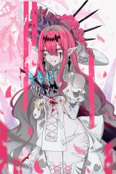 2girls abigail_williams_(fate) abigail_williams_(third_ascension)_(fate) absurdres anohito_(amaruno110) baobhan_sith_(fate) baobhan_sith_(third_ascension)_(fate) blood blood_from_mouth blush colored_inner_hair colored_skin commentary_request crying crying_with_eyes_open dress earrings fate/grand_order fate_(series) fingernails grey_eyes grey_hair grey_skin hair_between_eyes hair_intakes hat highres holding jewelry looking_at_viewer multicolored_hair multiple_girls petals pointy_ears red_hair tears two-tone_hair white_dress white_hat white_nails