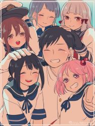 Rule 34 | 10s, 1boy, 5girls, ^ ^, admiral (kancolle), artist name, bare shoulders, black hair, blue hair, blunt bangs, blush, brown eyes, brown hair, closed eyes, deco (geigeki honey), folded ponytail, fubuki (kancolle), gloves, grin, hair bobbles, hair ornament, hair ribbon, hand in another&#039;s hair, hand on another&#039;s head, hat, inazuma (kancolle), kantai collection, long hair, looking at viewer, military, military uniform, multiple girls, murakumo (kancolle), naval uniform, open mouth, peaked cap, pink eyes, pink hair, ponytail, ribbon, samidare (kancolle), sazanami (kancolle), school uniform, serafuku, short hair, sidelocks, silver hair, smile, twintails, twitter username, uniform