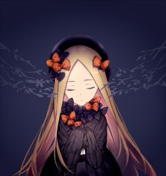 Rule 34 | 1girl, abigail williams (fate), black background, black bow, black dress, black hat, blonde hair, bow, bug, butterfly, closed eyes, closed mouth, dress, facing viewer, fate/grand order, fate (series), forehead, hair bow, hands up, hat, head tilt, insect, long hair, long sleeves, orange bow, parted bangs, polka dot, polka dot bow, sleeves past fingers, sleeves past wrists, solo, very long hair, zhi (yammycheese)
