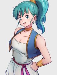 Rule 34 | 1girl, blue eyes, blue hair, breasts, bulma, choker, cleavage, collarbone, dragon ball, dragon ball (classic), egyptian clothes, grey background, hand on own hip, kemachiku, medium breasts, open mouth, ponytail, simple background, smile, solo, teeth, upper teeth only, yellow choker