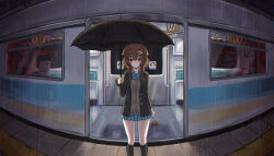 Rule 34 | 2girls, animal ears, ao ne, aogami high school uniform, black jacket, black socks, blazer, blue bow, blue bowtie, blue skirt, bone hair ornament, bow, bowtie, braid, brown cardigan, brown eyes, brown hair, cardigan, collared shirt, dog ears, double-parted bangs, feet out of frame, fisheye, flower, hair between eyes, hair flower, hair ornament, hairclip, highres, holding, holding umbrella, hololive, hololive error, inugami korone, jacket, kneehighs, long hair, looking at viewer, low twin braids, low twintails, miniskirt, multiple girls, nekomata okayu, official alternate costume, plaid, plaid skirt, pleated skirt, rain, sad, school uniform, shirt, skirt, socks, solo focus, spider lily, subway, subway station, twin braids, twintails, umbrella, virtual youtuber, white shirt