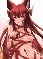 Rule 34 | 1girl, :q, animal ears, anthuria, bad id, bad pixiv id, blush, breasts, chocolate, closed mouth, collarbone, commentary request, erune, granblue fantasy, hair between eyes, hair ornament, hand on own chest, highres, koretsuki azuma, licking lips, long hair, looking at viewer, medium breasts, naked ribbon, navel, red eyes, red hair, ribbon, sidelocks, smile, solo, tongue, tongue out, valentine