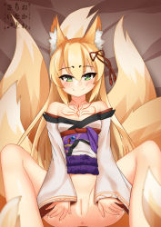 Rule 34 | 1girl, animal ear fluff, animal ears, anus, bare shoulders, blonde hair, blush, bottomless, breasts, cleft of venus, collarbone, cowfee, fox ears, fox tail, green eyes, highres, japanese clothes, kitsune, long hair, long sleeves, looking at viewer, mon-musu quest!, multiple tails, pussy, slit pupils, small breasts, smile, solo, spread legs, tail, tamamo (mon-musu quest!), tattoo, uncensored, wide sleeves