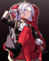 Rule 34 | 1girl, absurdres, aiguillette, black background, black footwear, black shirt, breasts, capelet, chair, closed mouth, commentary, crossed legs, edelgard von hresvelg, fire emblem, fire emblem: three houses, foot out of frame, garreg mach monastery uniform, gloves, hair ribbon, hands in hair, high heels, highres, long hair, long sleeves, looking at viewer, nintendo, pantyhose, parted bangs, peach11 01, purple eyes, purple ribbon, red capelet, red pantyhose, ribbon, shirt, simple background, sitting, small breasts, smile, solo, straight hair, throne, twitter username, white gloves, white hair